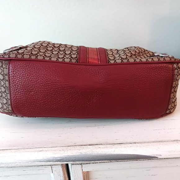 💥 LIKE NEW💥GORGEOUS BRIGHTON RED LEATHER BROWN SIGNATURE CANVAS HOBO BAG - Picture 6 of 8